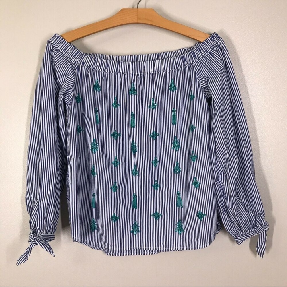 J.Crew Striped Off-Shoulder Blouse with Floral Embroidery